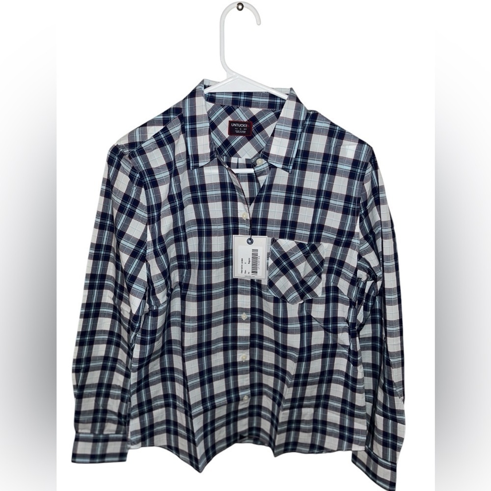 NWT Untuckit Cotton Sorbo Button Down Top sze 6 Regular Fit Blue Plaid Collared
